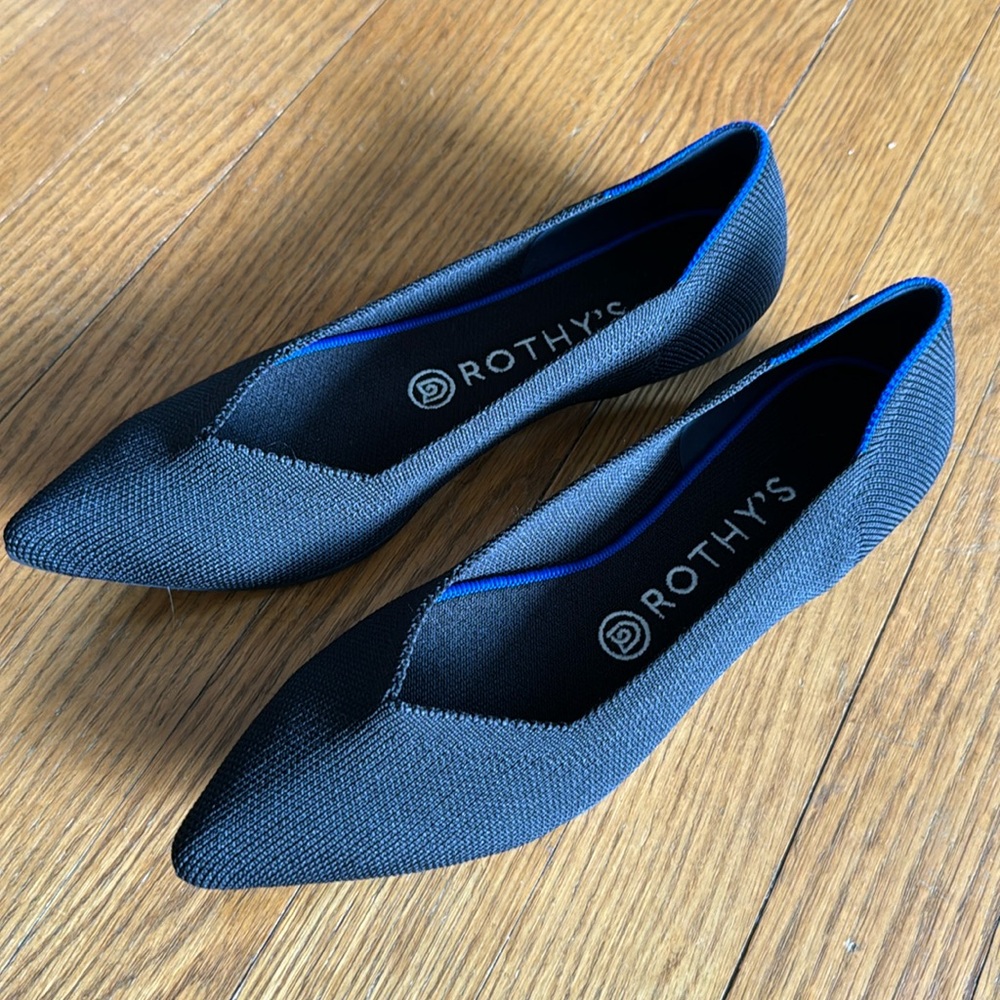 Rothy's Pointed Toe Flats in Black with Blue Trim